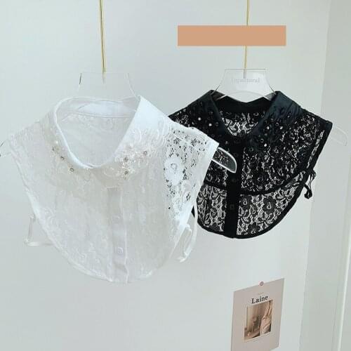 Linbaiway Women Lace Fake Collar Blouse Beads Shirt False Collar Detachable Collar Lapel Blouse Top Tie Clothes Accessories