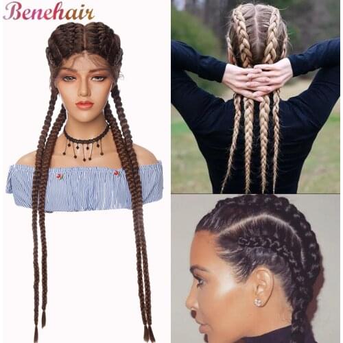 Benehair 35inch Braid Hair Wig Synthetic Lace Front Wig With Baby Hair Wholesale Box Braided Lace Wigs Afro Wigs For Black Women