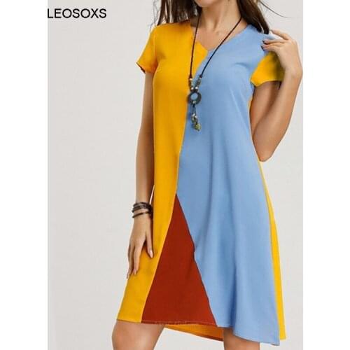2021 Summer New Color Matching Printing Casual Dress Elegant Temperament V-Neck Short-Sleeved Loose Short Dress