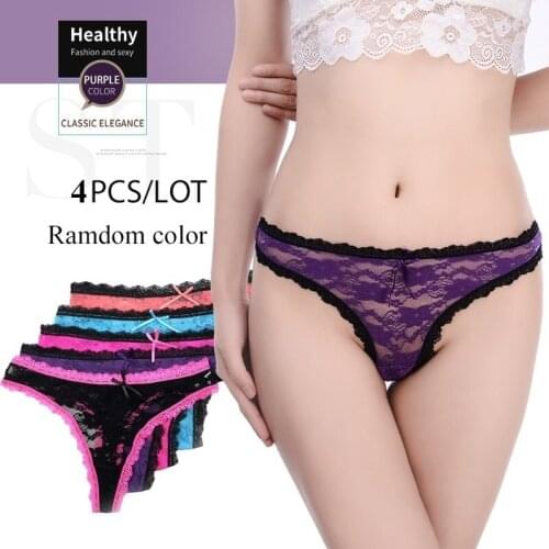 4 Pieces/Set Thongs Women Lace Thongs Sexy G-string Transparent Women Panties Cotton Lining Briefs Female Underwear