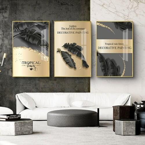 Abstract Golden Leaf Flower Wall Art Canvas Painting Black White Feathers Poster and Prints Nordic Style Picture Home Decoration