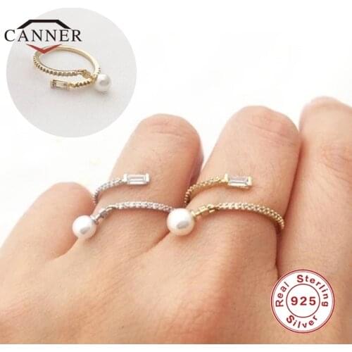 CANNER 925 Sterling Silver Fashion Glossy Rings for Women Exquisite CZ Pearl Adjustable Open Ring Silver 925 Jewelry anillos