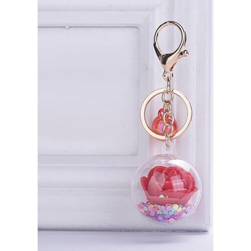 Cute Preserved Eternal Rose Flower Sequins Keychain For Women Men Rose Sequins Fashion Key Ring Holder PU Rope Pendant Key Chain
