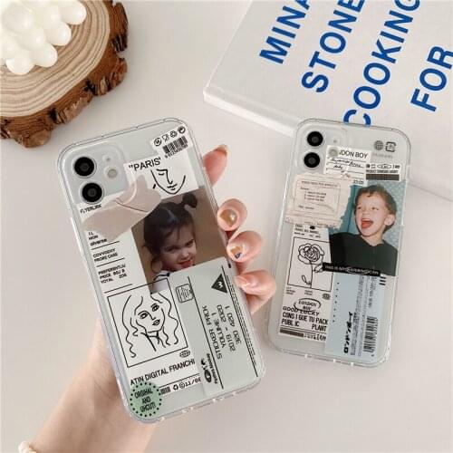 Cute Boy and Girl Pattern Phone Case for iPhone 12 Funny Label Design Transparent Cover for iPhone 11/7/8/X/XR/XS/MAX Shells