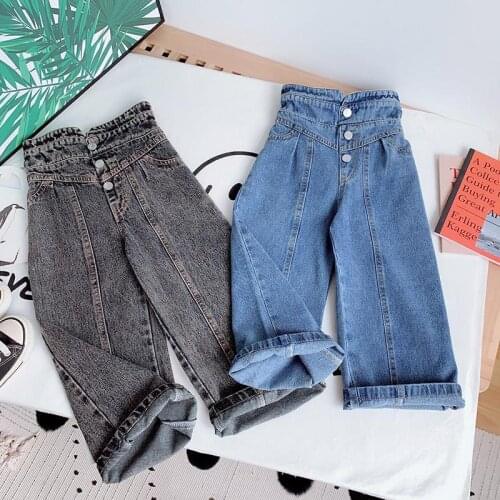 Kids Pants 2020 Autumn New Boys And Girls Korean Mid-Waist Lace Elastic Waist Three-Color Pocket Casual Button Jeans