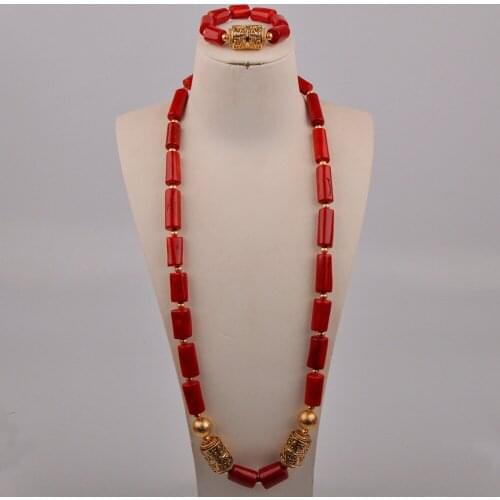 Red Coral Jewelry Set For Men Nigerian Wedding African Coral Beads Jewelry Set for Groom