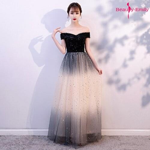 Beauty-Emily 2019 Boat Neck Sequins Evening Dresses Long Gradient Color Starry Party Dress Tulle Prom Gowns robe de soiree