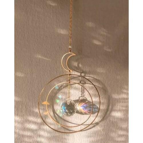 Moon Sun Catcher,moon and Hoops+ Rainbow Crystal,Crystal Hanging,Car Prism,Crystal Suncatcher,Rearview Mirror Decor, Rainbows