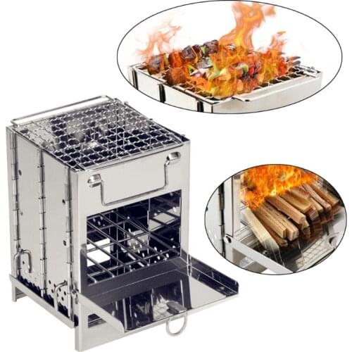 Mini Outdoor Firewood Stove Camping Cooking Picnic Travel Stainless Steel Square Wood Stove Charcoal Folding Grill