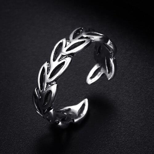 Trendy Vintage Leaf Shape Antique Silver Plated Punk Hiphop Rock Style Resizable Rings for Women Girl & Man Retro Party Jewelry