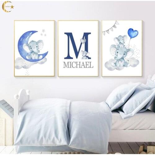 Cartoon Moon Elephant Canvas Painting Nursery Cartoon Animals Poster Personalized Boys Name Wall Art Prints Home Decor Pictures