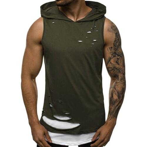 Men Hoodies Tank Tops Sleeveless Vest 2021 Summer Hooded Vest Double-Layer Hole Personality Fashion Pullover Sleeveless Tops