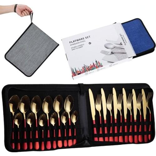 24pcs Gold Cutlery Set Portable Outdoor Stainless Steel Dinnerware Bag Knives Forks Spoons Home Kitchen Accessories Dinner Set