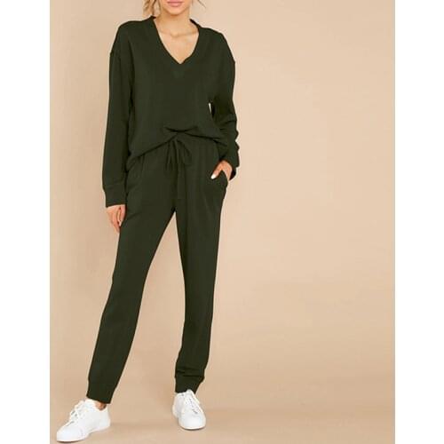 Casual Knitted Two Piece Set Women Long Sleeve V Neck Pullover Sweatshirts And Drawstring Pants Suits Homewear Female Tracksuits