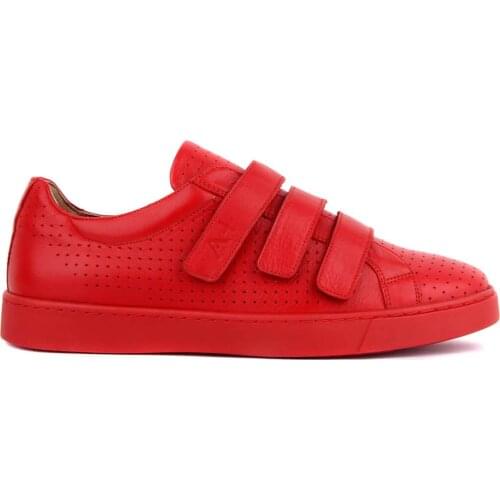 Sail Lakers-Red Leather Velcro Mens Sneakers Daily Casual Shoes