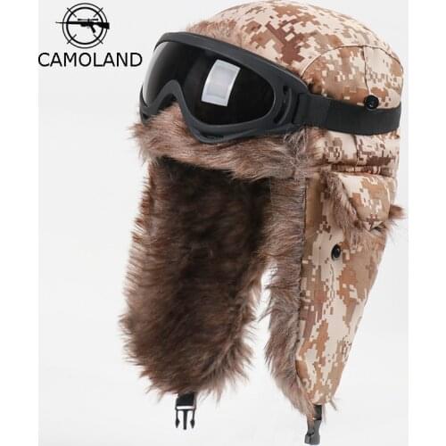 CAMOLAND Winter Bomber Earflap Hats For Women Russian Ushanka Cap With Goggles Male Camouflage Thermal Berber Fleece Snow Caps