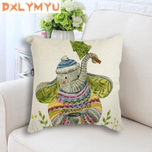 Nordic Art Linen Cotton Cushion Cover Bear Monkey Elephant Printed Home Decorative Pillows Cover Case Square Pillowcase 45x45cm