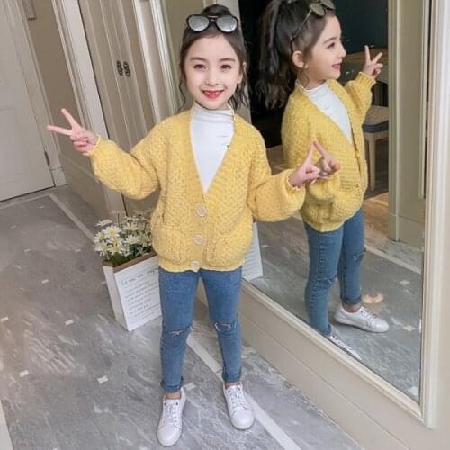 Girls Sweater Kids Coat Outwear 2021 Yellow Beige Plus Velvet Thicken Warm Winter Autumn Knitting Tops Cotton Childrens Clothin