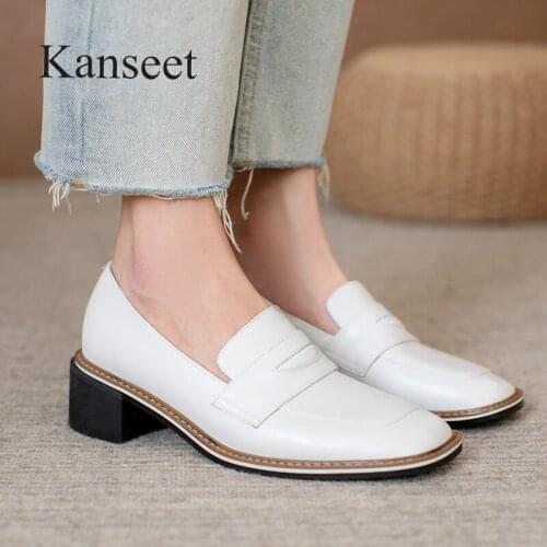 Kanseet Shoes 2021 Womens Pumps Spring Summer Genuine Leather Concise Handmade Office Lady Comfort Thick Mid Heels Female Shoes