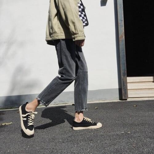 Spring autumn 2021 fashion grey color matching raw-edge retro jeans Korean loose straight-leg mens casual ankle length pants
