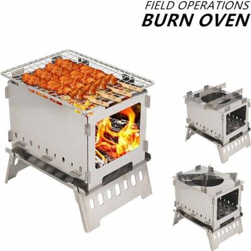 Stainless Steel Stove Barbecue Grill Windproof Lightweight Folding Wood Oven Outdoor Camping Hiking Picnic Cooking BBQ Burners