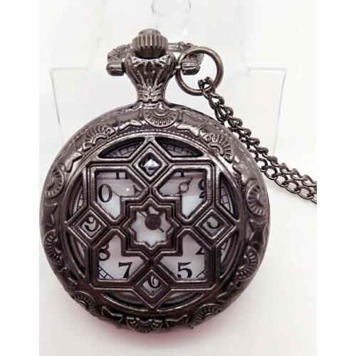 Vintage black Hollow out quartz antique steampunk unisex gift pendant Necklace pocket watches gift