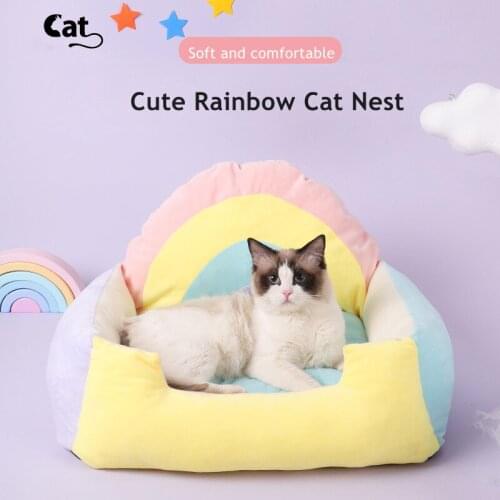 Rainbow Pet Bed Breathable Cat Nest Soft Cotton Puppy Kitten Sofa Kennel House Dog Cushion Sleep Mat For Small Medium Dogs Cats