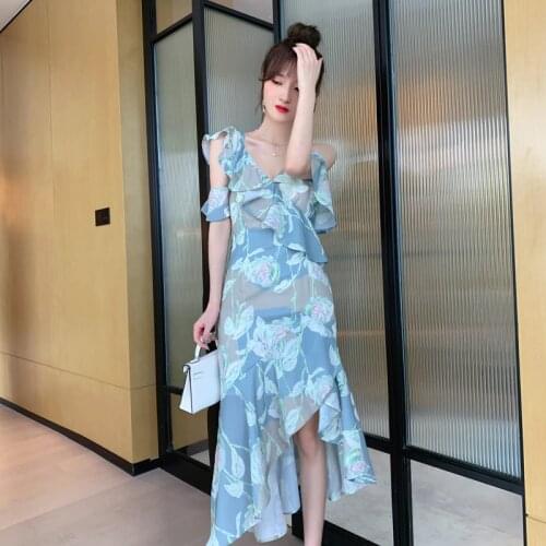 High-end Women Dresses Summer Elegant Sexy Spaghetti Strap Vacation Dress Women Lady Print Vintage Chiffon Asymmetrical Dress