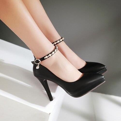 2018 Single Shoes Female Pointed Stiletto Waterproof Platform Rubber Bottom Word Buckle High Heels Sweet Princess Shoes