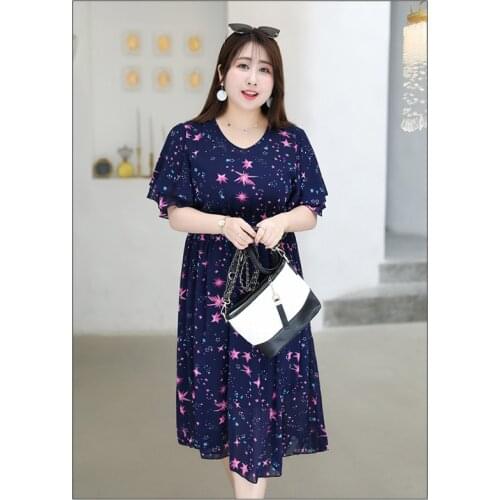 Womens Summer Dress Oversized V-neck Lotus Leaf Sleeve Black Print Dresses Fashion Long Summer Short Sleeve Vestidos Women A915