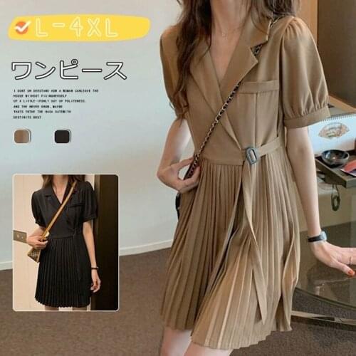 Large size womens short-sleeved dress solid color notch folds elastic waist wide loose 4XL can wear self-cultivation Fre
