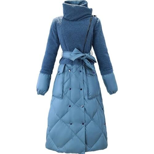 2020 Winter freedom oversized warm fluffy Down cotton coat female over the knee longer catwalk lambswool stitching Down cotton