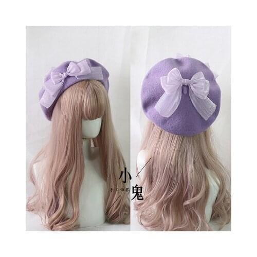Bow Beret Wool Flat Hat Sweet Lovely Soft Girl Womens Fashion Dome Painter Cap Fairy Fall WinterJapanese Handmade Lolita Big