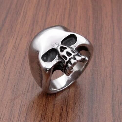 Free Shipping Punk 316L Stainless Steel Crack Splitting Devil Big Head Steel color Black Skull Rings Jewelry