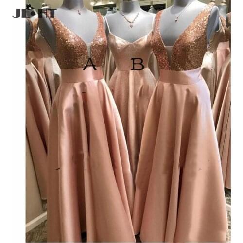 Sequins and Satin Bridesmaid Dresses Wedding Party Dress Sequined A Line Sheer V Neck Ruffle Maid of Honer Dresses