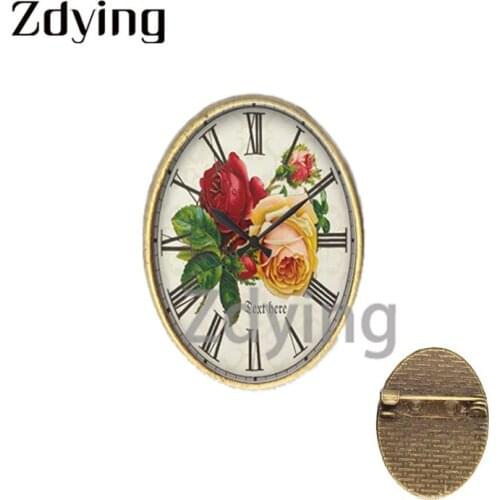 Zdying Vintage Clock Flowers Oval Shape Brooches Badge 18*25mm Glass Cabochon Photo Metal Pins Jewelry For Friend Gift GZ022
