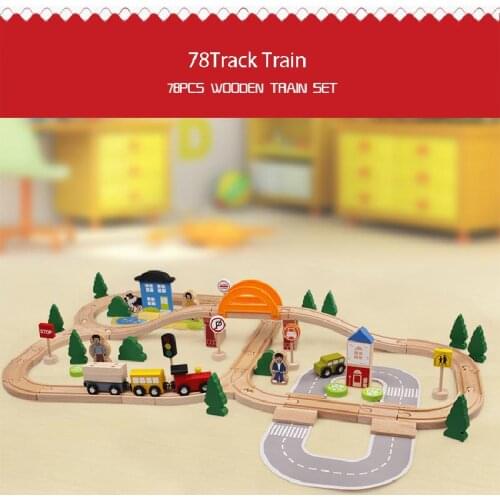 78pcs Wooden Railway Electric Train Track Set Montessori Childrens Educational Puzzle Assembly and Construction Track Kids Toy