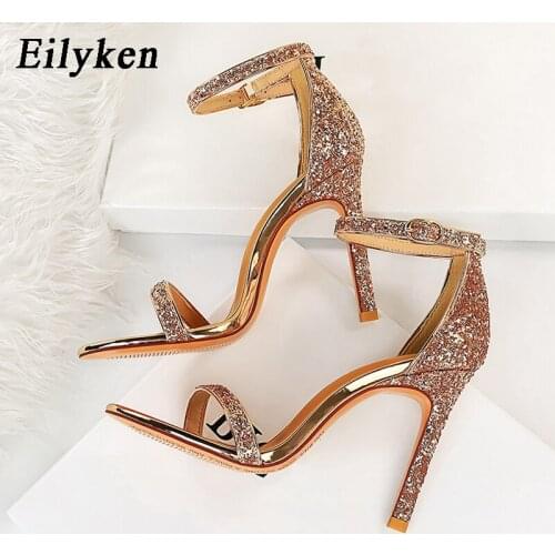 Eilyken 2021 Fashion Bling Bling Sequined Cloth Women Wedding Sandals Ankle Buckle Strap Thin High Heels Summer Open Toe Shoes