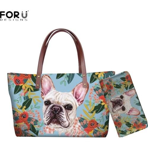 FORUDESIGNS Women Neoprene Handbags Joyful French Bull Dog Print Shoulder Bag Lady Tote Large Capacity Zipper Top-handle Bag