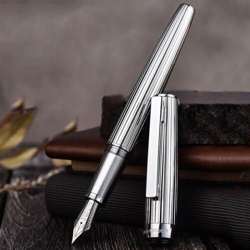 Hongdian 1845 Stainless Steel Metal Fountain Pen Beautiful Stripe Ink Pen EF/F Nib Silver/Black Office Business Writing Gift Pen