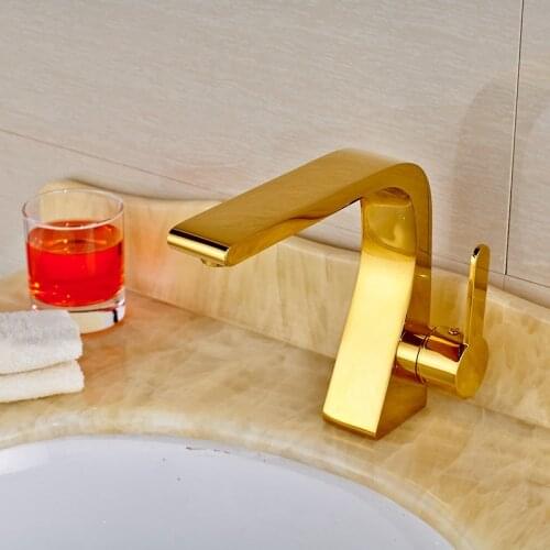 Deck Mounted Soild Brass Vanity Golden Polish Bathroom Faucet Mixer Single Hole