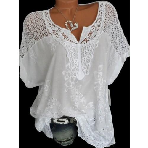 Summer Short Sleeve Womens Blouses and Tops Loose White Lace Patchwork Shirt Plus Size 4xl 5xl Women Tops Casual Clothes