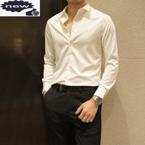 Personality Long Sleeve Mens Solid Turn-Down Collar Formal Shirts New Fashion Spring Elastic Slim Fit Single Breasted Casual Top