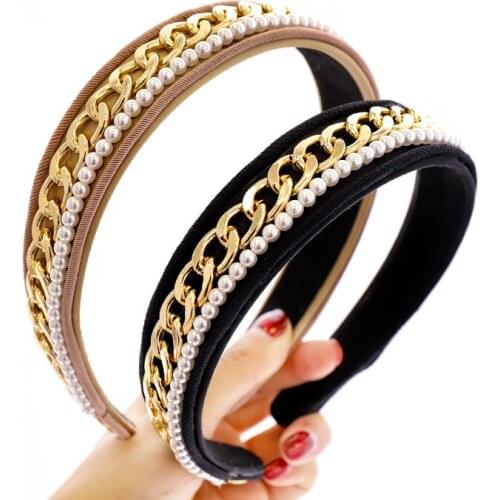 Fashion Boutique Hair Accessories Womens Pearls Wrapped Gold Metal Chain Headband Bezel Ladies Hair Band Headwear Bridal Tiara