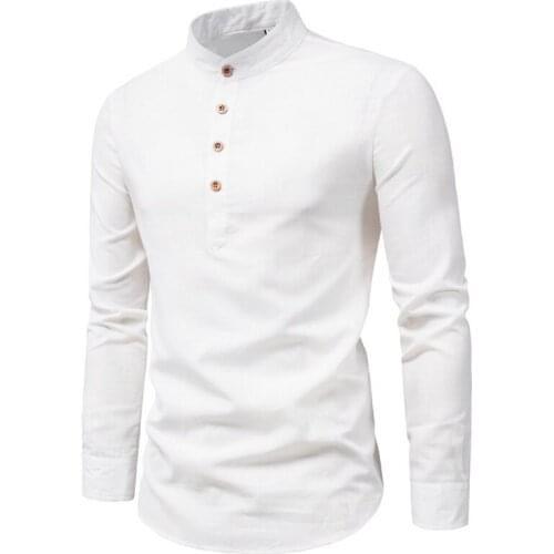 Mens Autumn Cotton And Hemp Long Sleeve Shirt Solid Color Stand Collar Shirt Fashion Slim Men Blouse