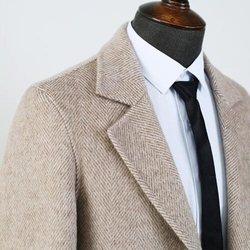 Double woolen Warm Medium length coat for man Notched Collar Mens Winter French Business jacket Blue and Khaki Stripe Wool coat