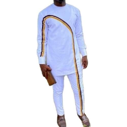 Bicolor Stripes Design Patchwork Mens Suits Senator Style White Sets African Fashion Wedding Party Male Outfits Customized