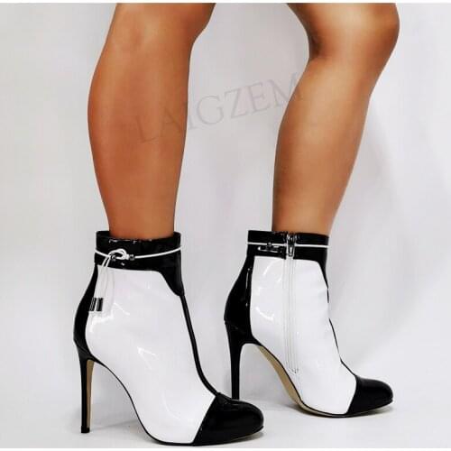 SEIIHEM SUPER Women Ankle Boots Side Zip Patchwork High Heels Short Boots Unisex Ladies Shoes Woman Botas Large Size 41 42 44 47