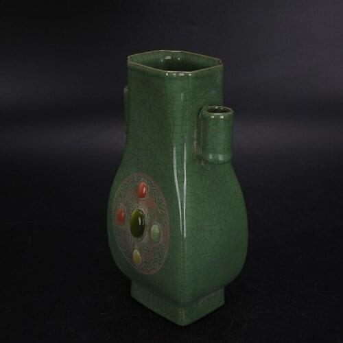 15 days validity:Song Dynasty official kiln green glaze engraving inlaid gemstone Guan Er vase