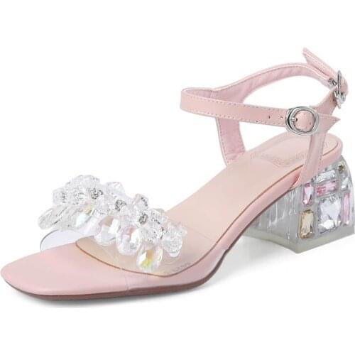 APHNUS Womens Sandals Rhinestone Leather Beading Pearl Mid High Heels Pumps Woman 2021 Shoes For Women New Open Toe